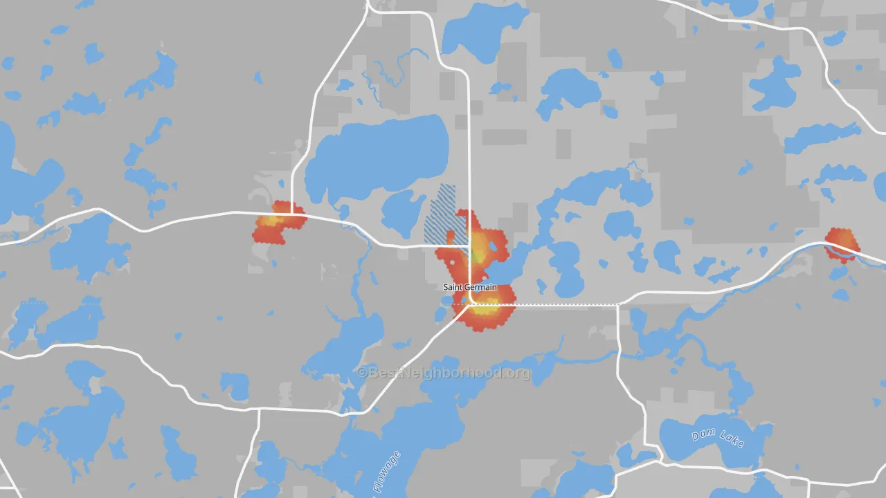 Walk Grade map of St. Germain, WI, walkable areas in green and car-dependent areas in red