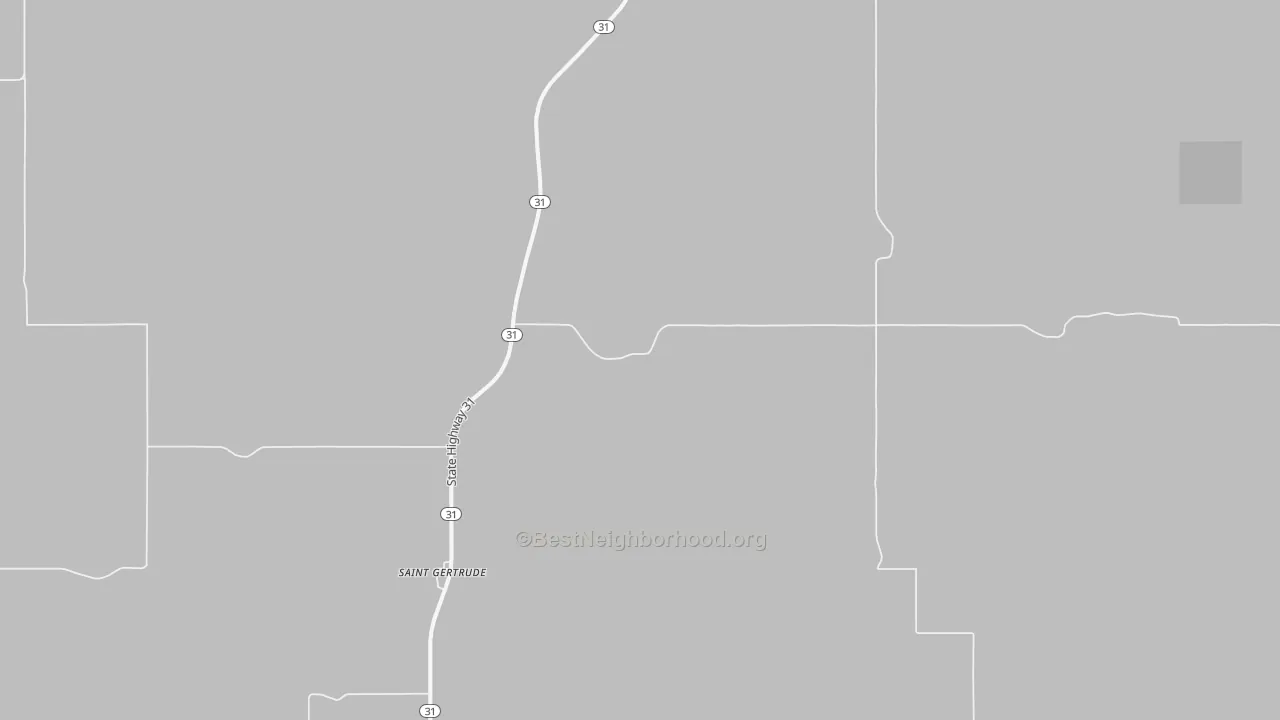 Walk Grade map of St. Gertrude, ND, walkable areas in green and car-dependent areas in red