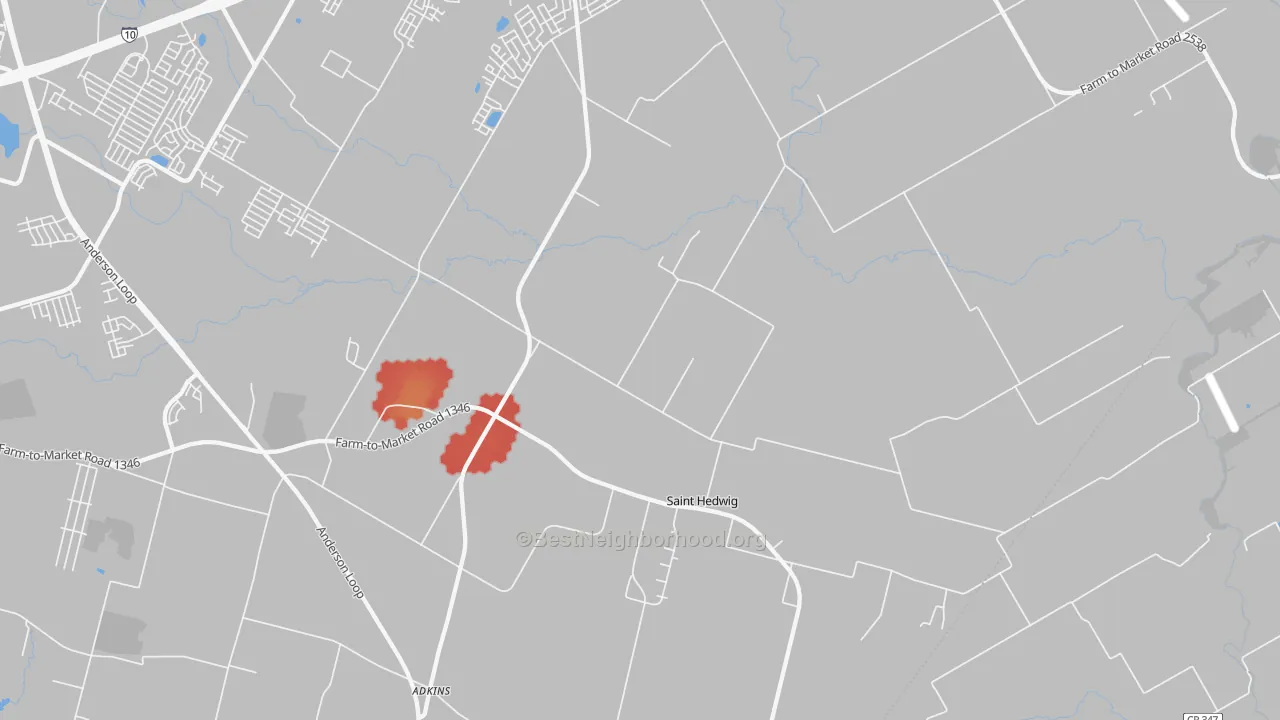 Walk Grade map of St. Hedwig, TX, walkable areas in green and car-dependent areas in red