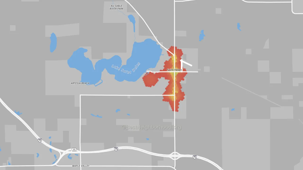 Walk Grade map of St. Helen, MI, walkable areas in green and car-dependent areas in red