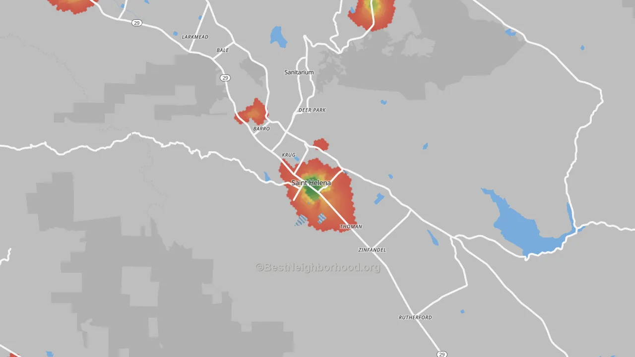 Walk Grade map of St. Helena, CA, walkable areas in green and car-dependent areas in red