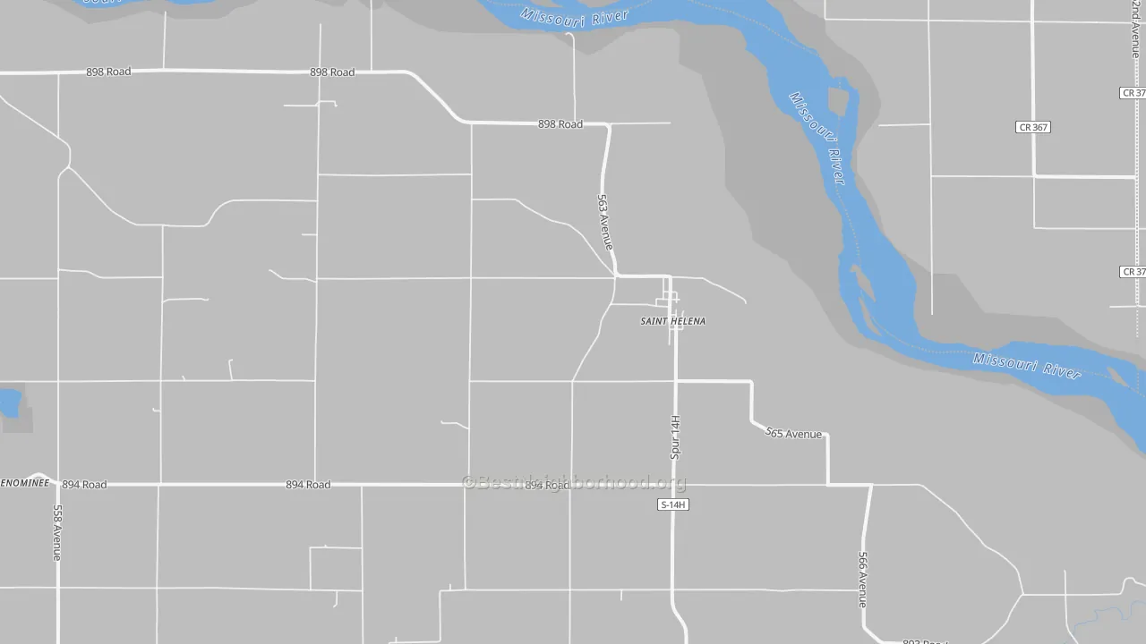 Walk Grade map of St. Helena, NE, walkable areas in green and car-dependent areas in red
