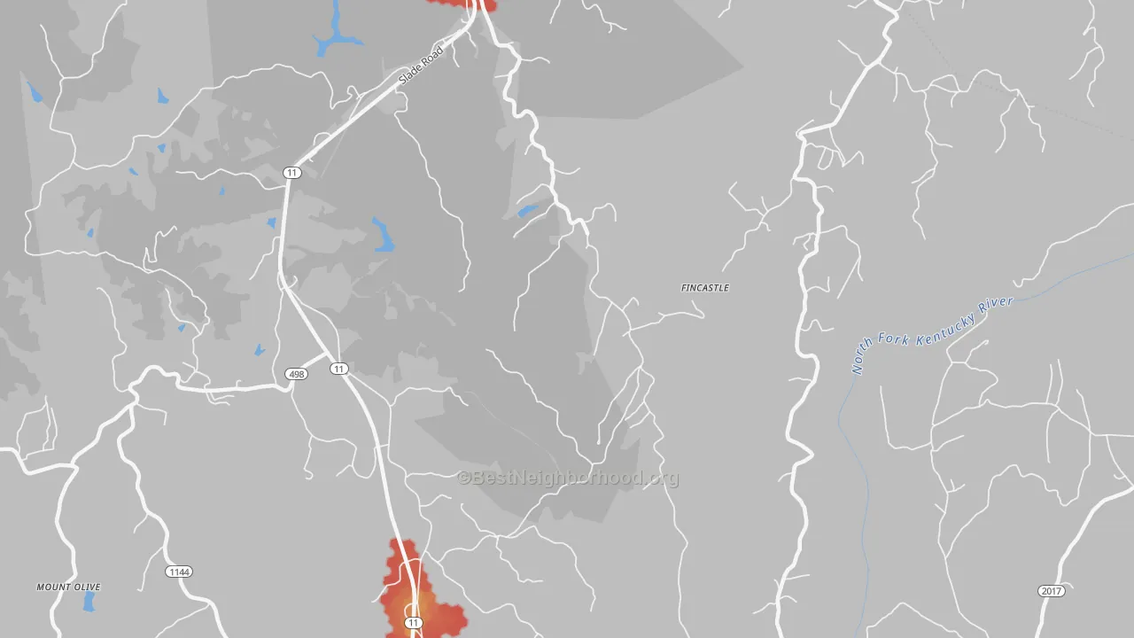 Walk Grade map of St. Helens, KY, walkable areas in green and car-dependent areas in red