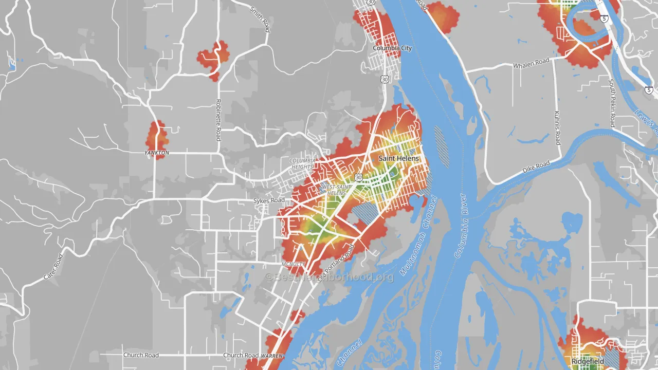 Walk Grade map of St. Helens, OR, walkable areas in green and car-dependent areas in red