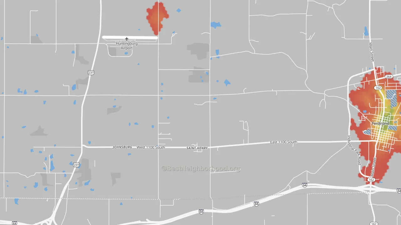 Walk Grade map of St. Henry, IN, walkable areas in green and car-dependent areas in red
