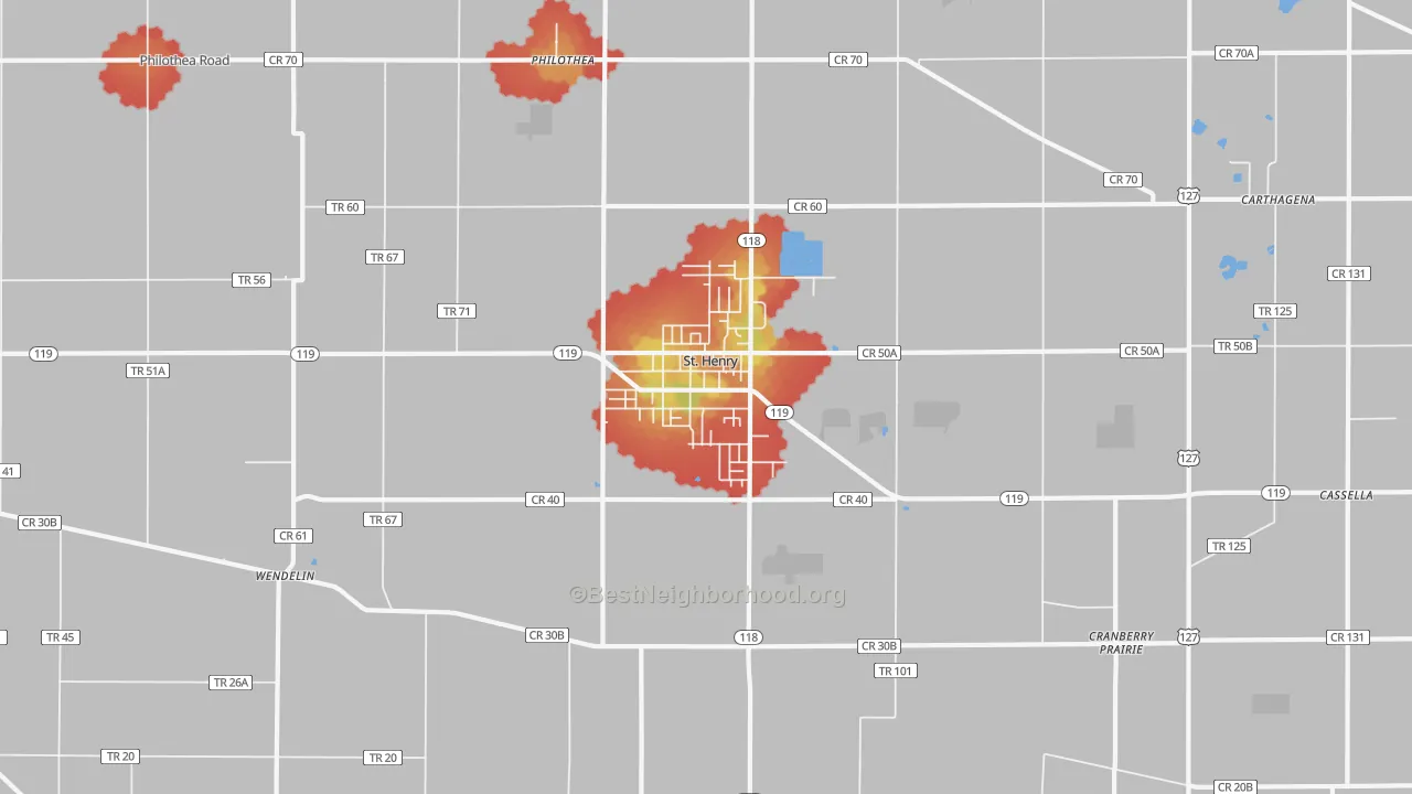 Walk Grade map of St. Henry, OH, walkable areas in green and car-dependent areas in red