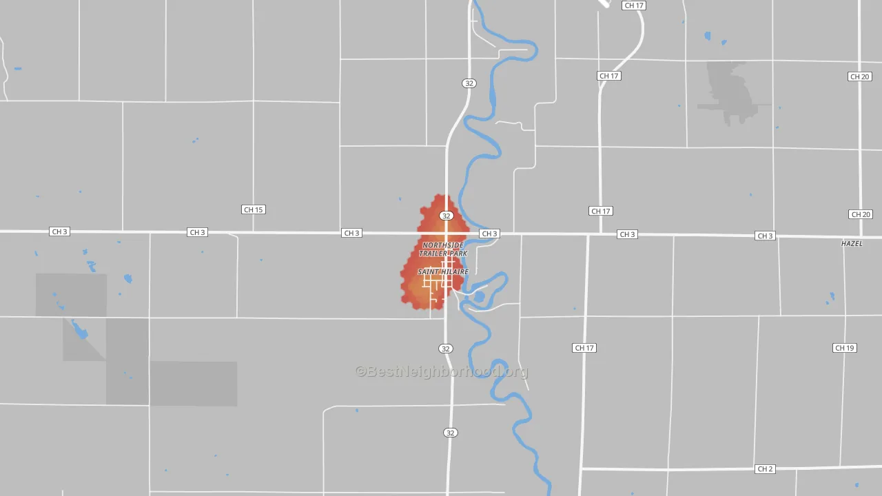 Walk Grade map of St. Hilaire, MN, walkable areas in green and car-dependent areas in red