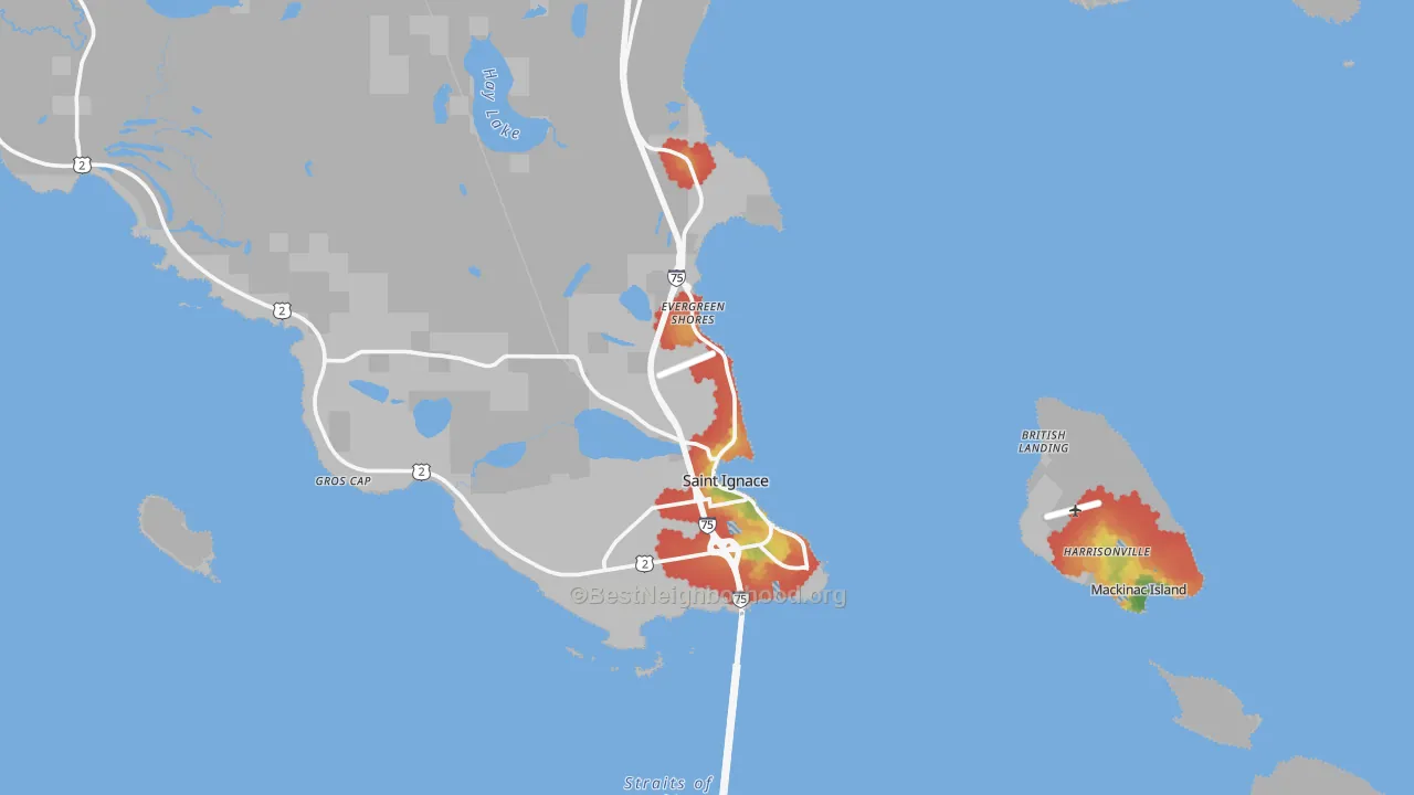 Walk Grade map of St. Ignace, MI, walkable areas in green and car-dependent areas in red
