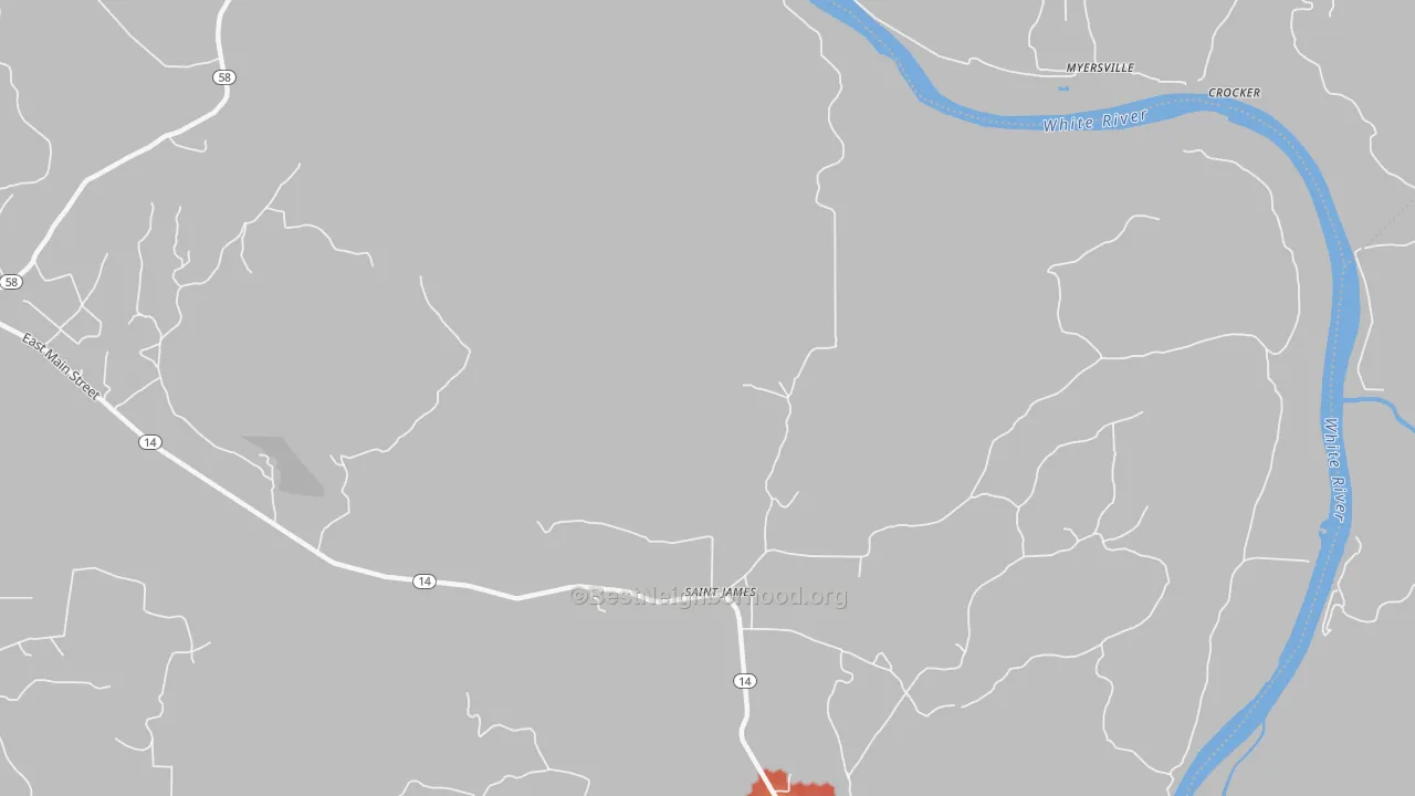 Walk Grade map of St. James, AR, walkable areas in green and car-dependent areas in red