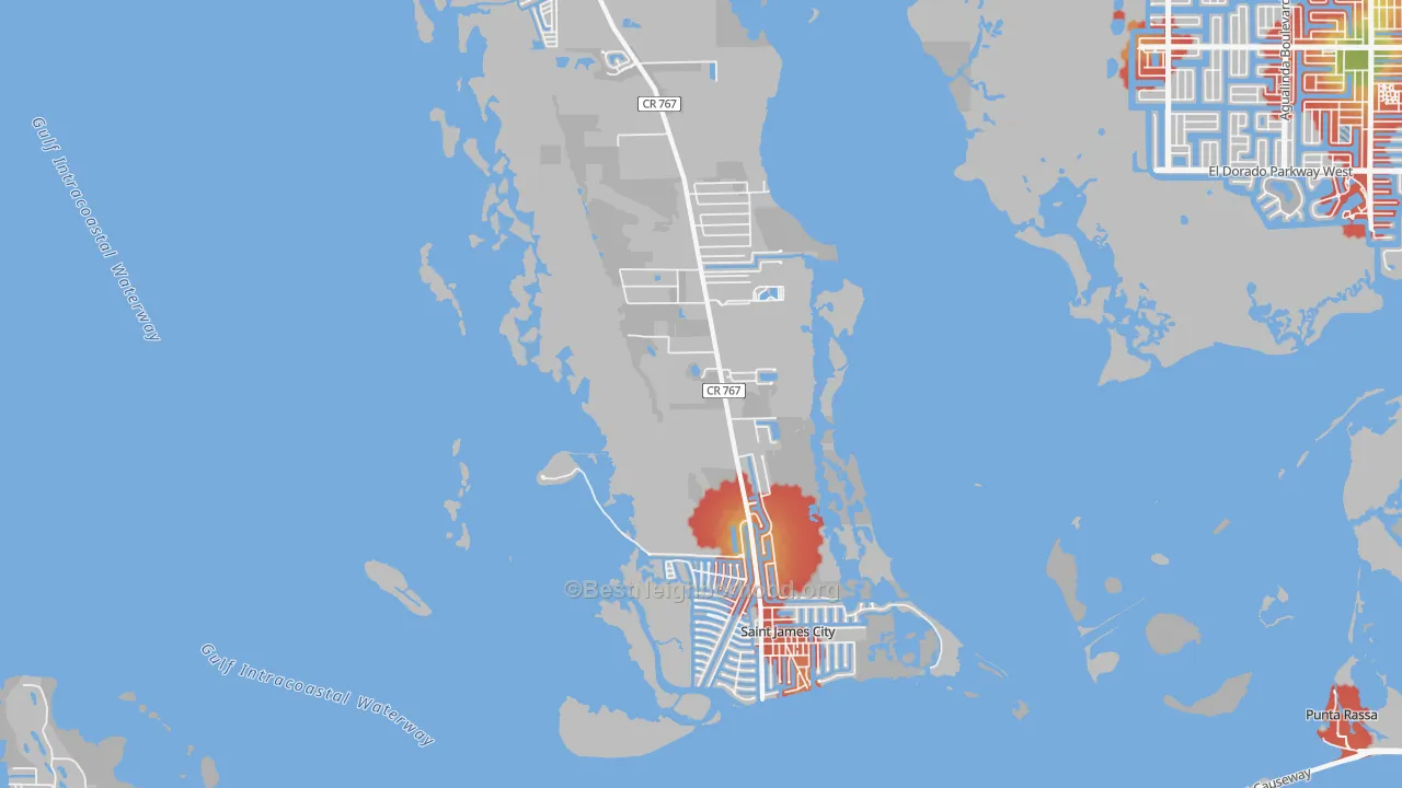 Walk Grade map of St. James City, FL, walkable areas in green and car-dependent areas in red