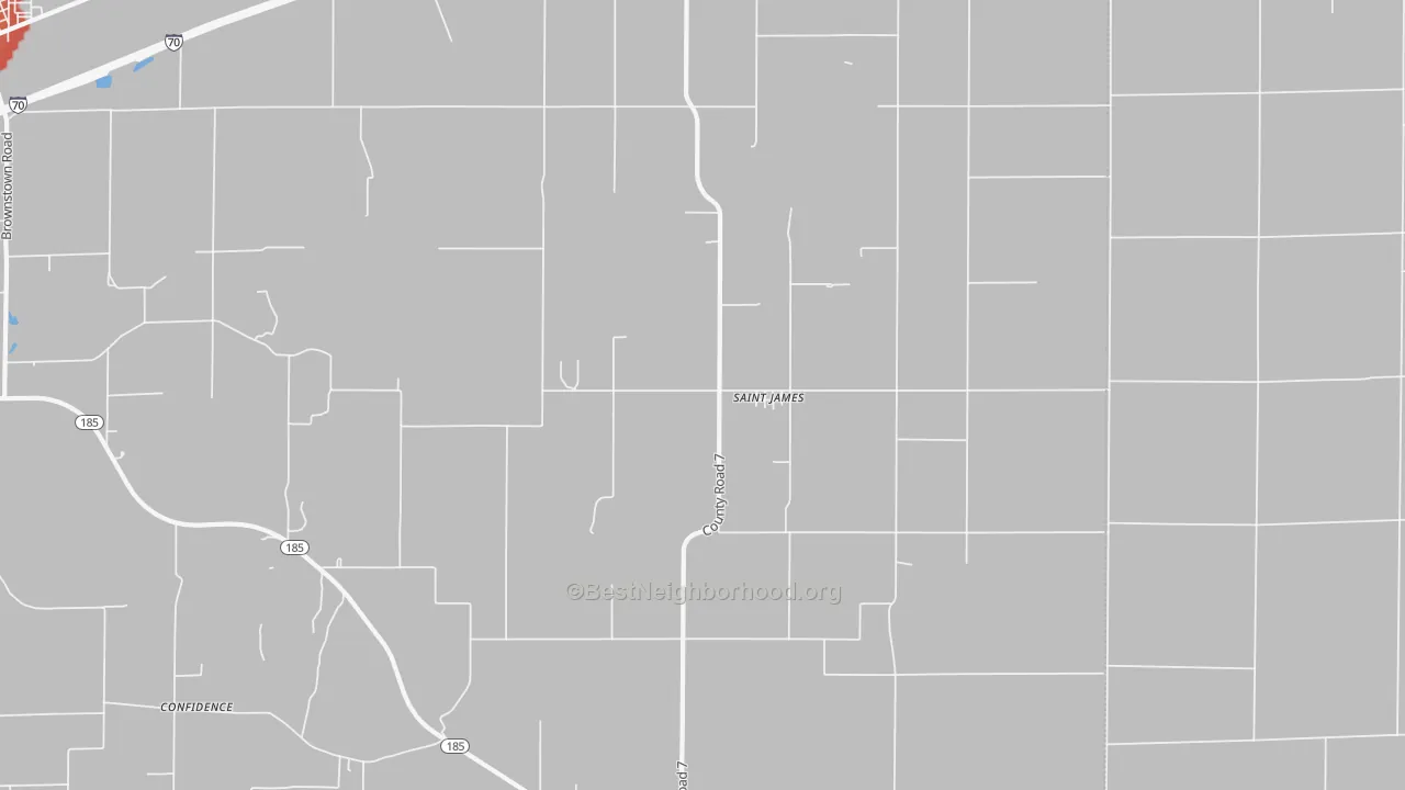 Walk Grade map of St. James, IL, walkable areas in green and car-dependent areas in red