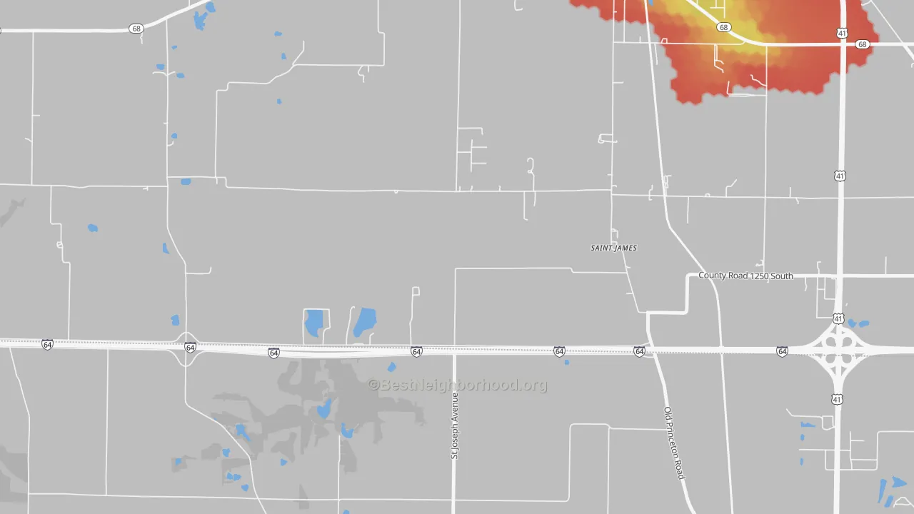 Walk Grade map of St. James, IN, walkable areas in green and car-dependent areas in red