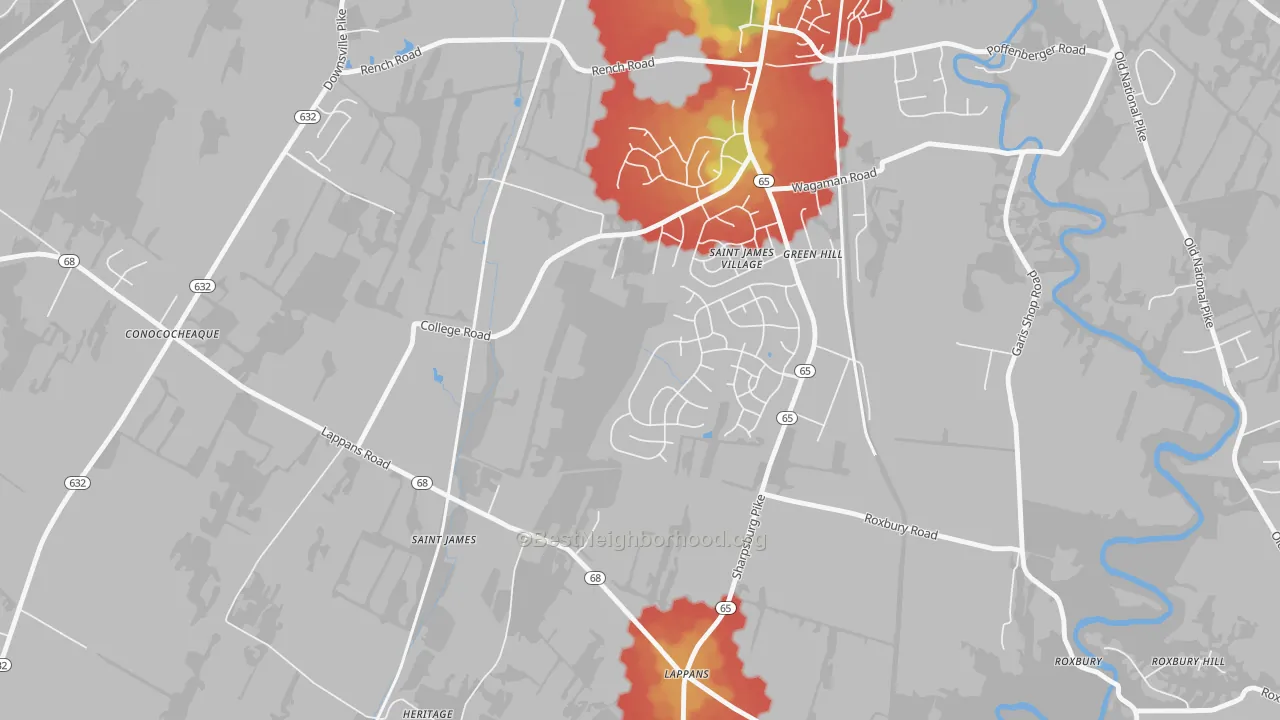 Walk Grade map of St. James, MD, walkable areas in green and car-dependent areas in red