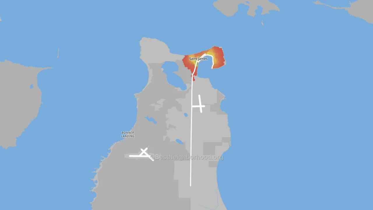 Walk Grade map of St. James, MI, walkable areas in green and car-dependent areas in red