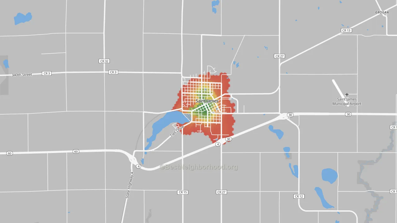 Walk Grade map of St. James, MN, walkable areas in green and car-dependent areas in red