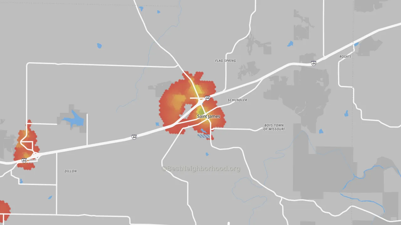 Walk Grade map of St. James, MO, walkable areas in green and car-dependent areas in red