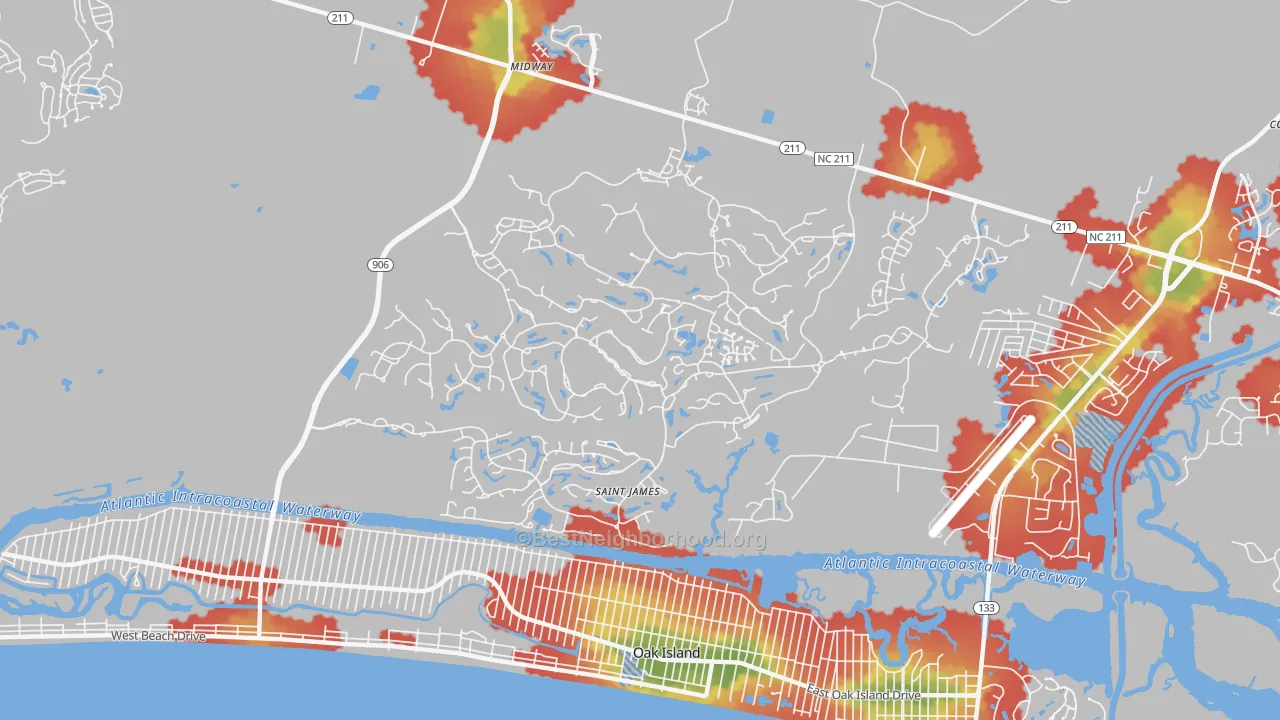 Walk Grade map of St. James, NC, walkable areas in green and car-dependent areas in red