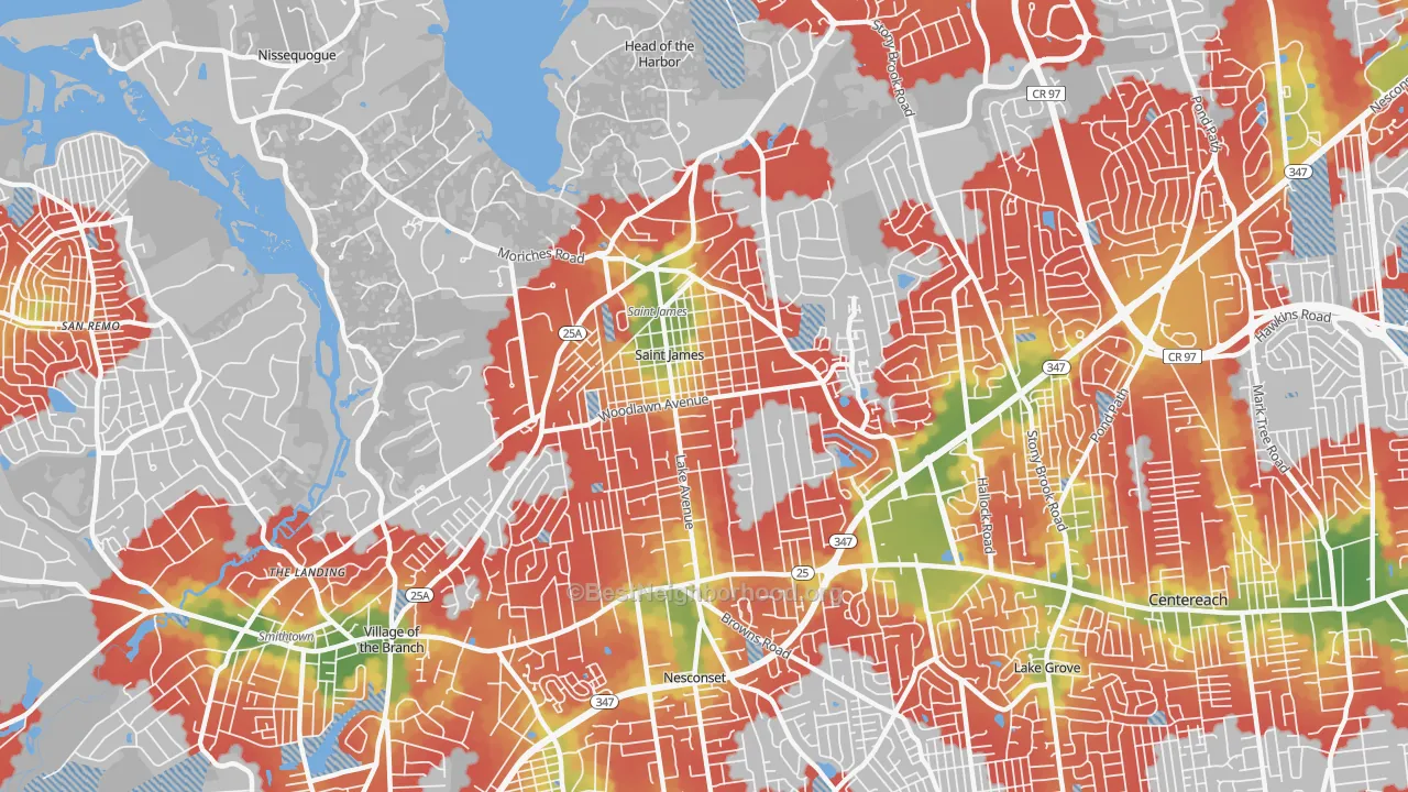 Walk Grade map of St. James, NY, walkable areas in green and car-dependent areas in red