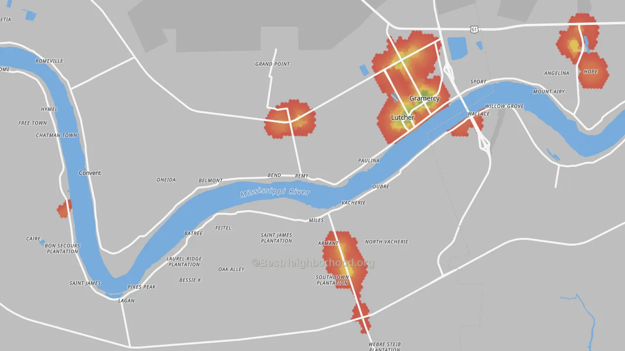 Walk Grade map of St. James Parish, LA, walkable areas in green and car-dependent areas in red