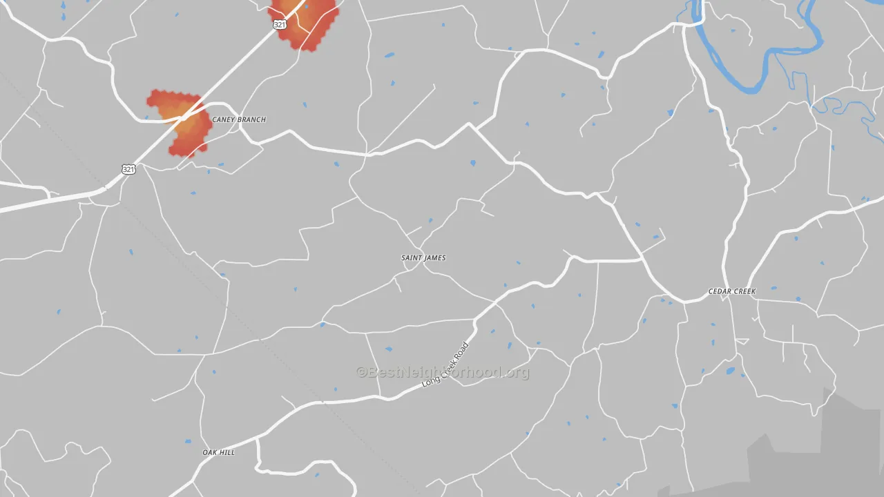 Walk Grade map of St. James, TN, walkable areas in green and car-dependent areas in red
