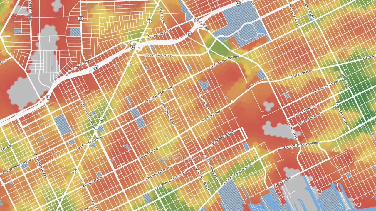 Walk Grade map of St Jean, Detroit, MI, walkable areas in green and car-dependent areas in red