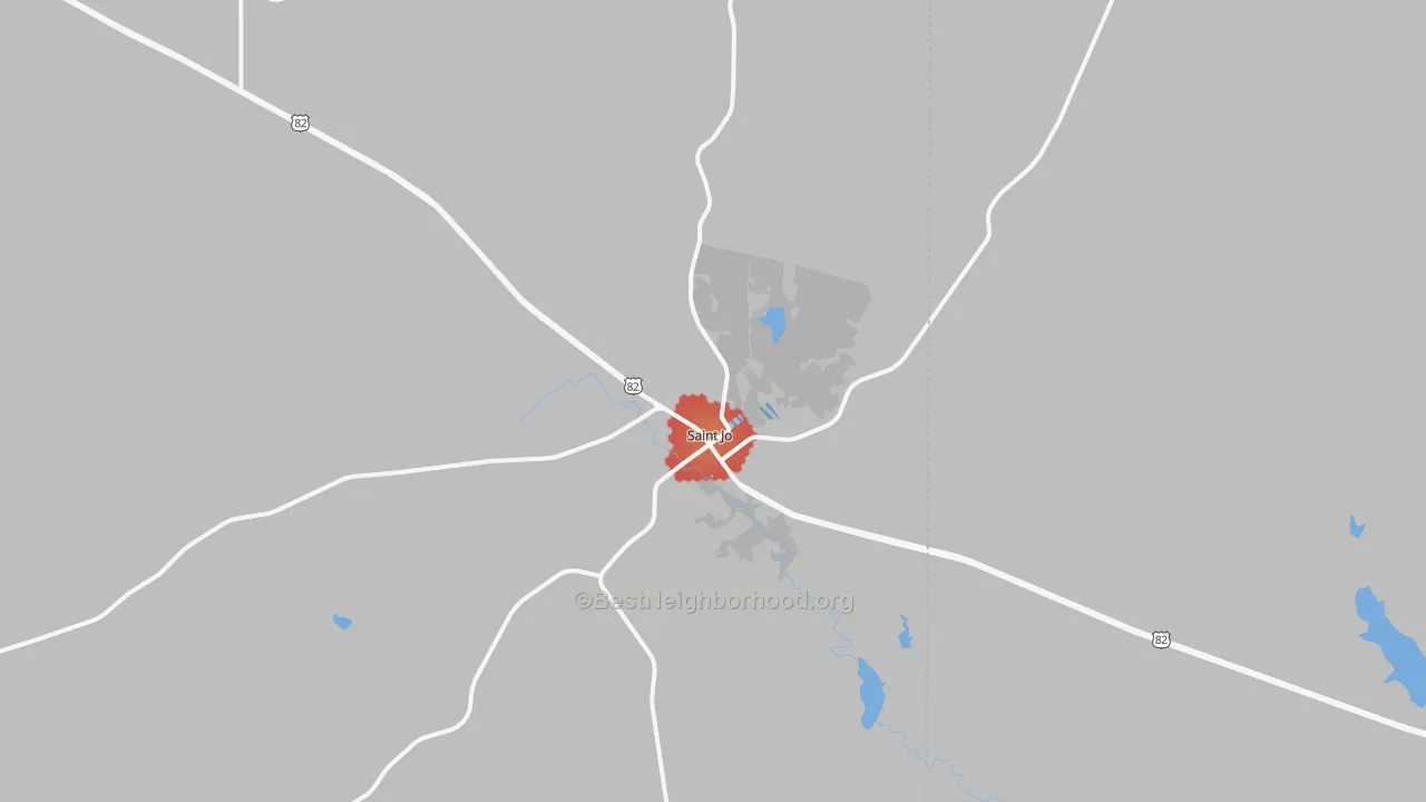 Walk Grade map of St. Jo, TX, walkable areas in green and car-dependent areas in red