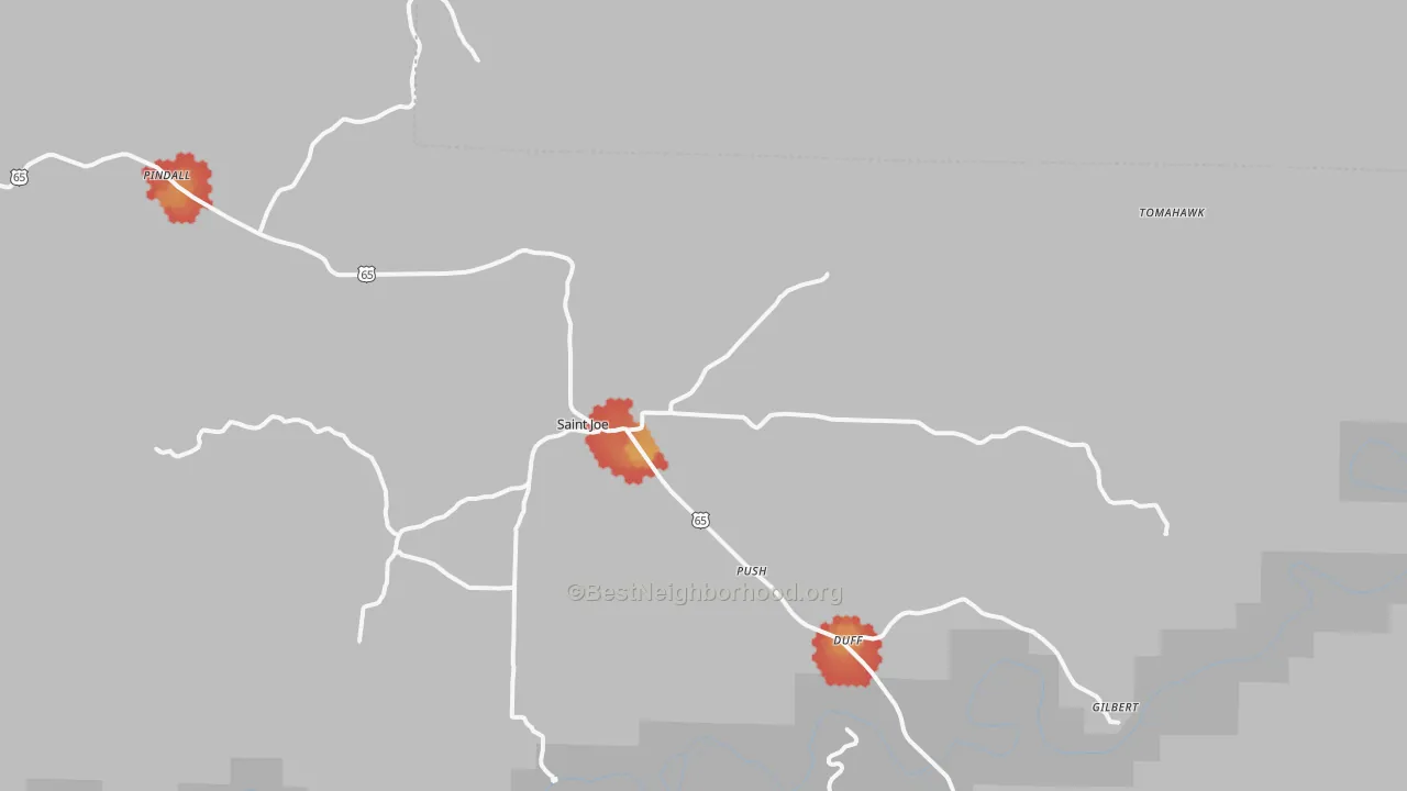 Walk Grade map of St. Joe, AR, walkable areas in green and car-dependent areas in red