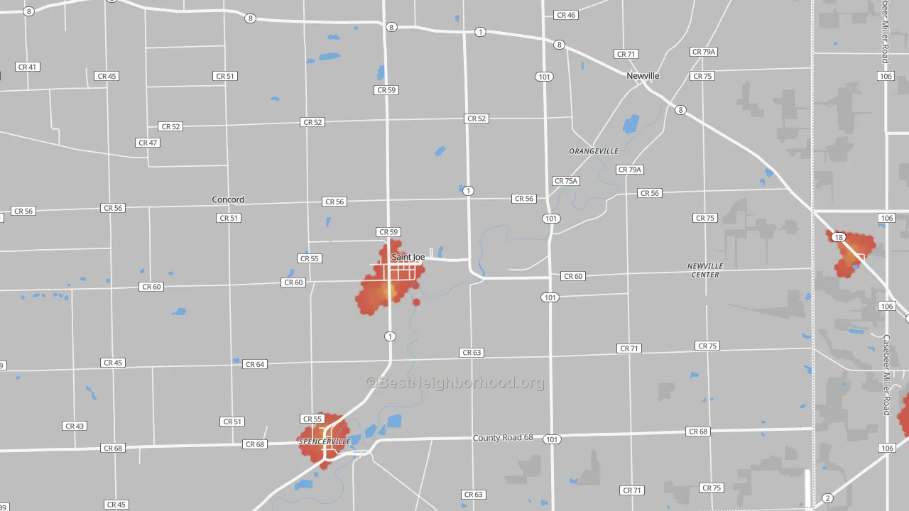 Walk Grade map of St. Joe, IN, walkable areas in green and car-dependent areas in red