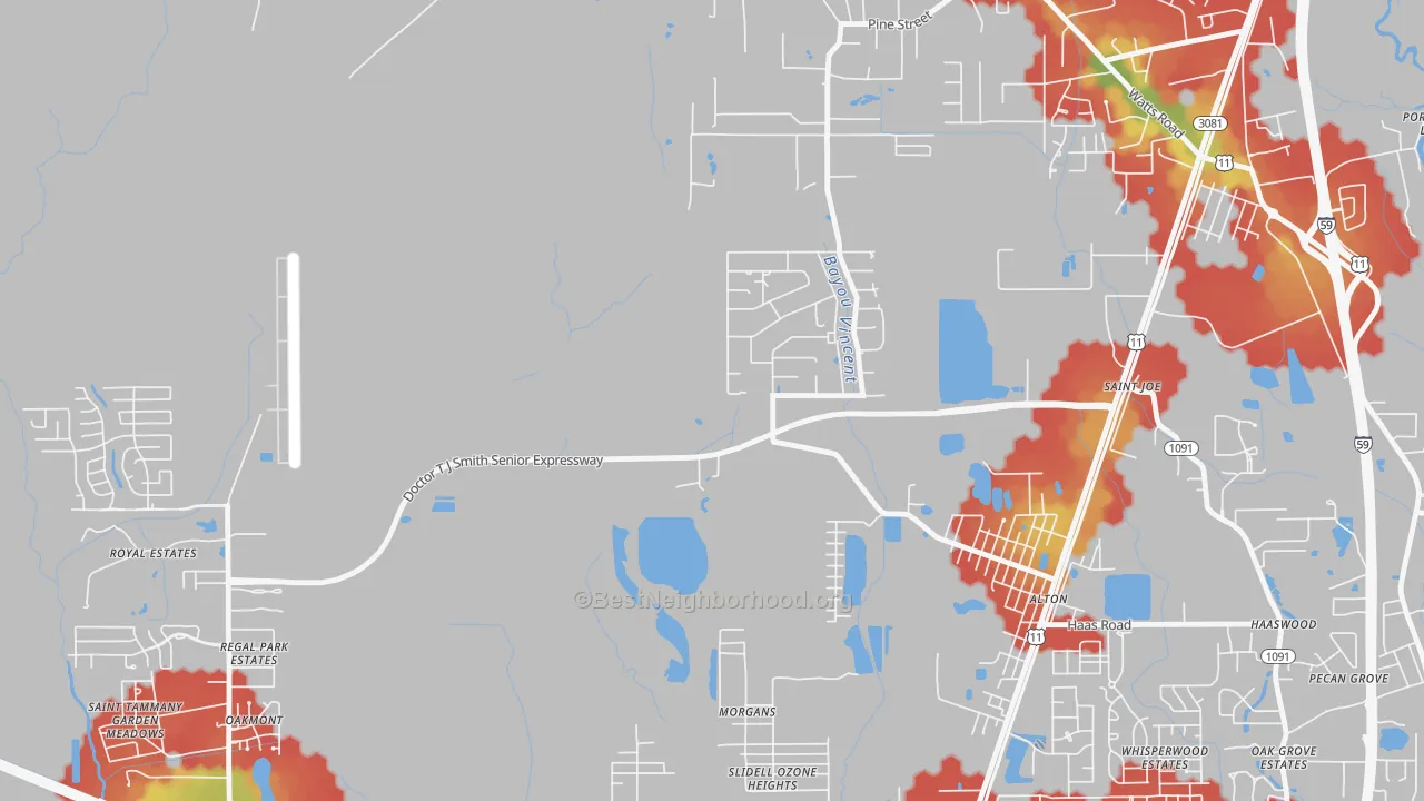 Walk Grade map of St. Joe, LA, walkable areas in green and car-dependent areas in red
