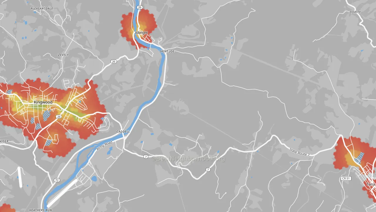Walk Grade map of St. Joe, WV, walkable areas in green and car-dependent areas in red