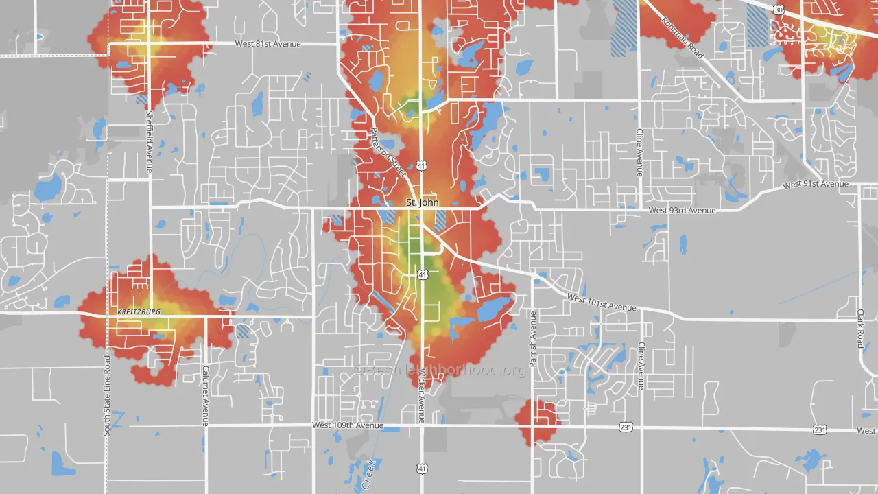 Walk Grade map of St. John, IN, walkable areas in green and car-dependent areas in red