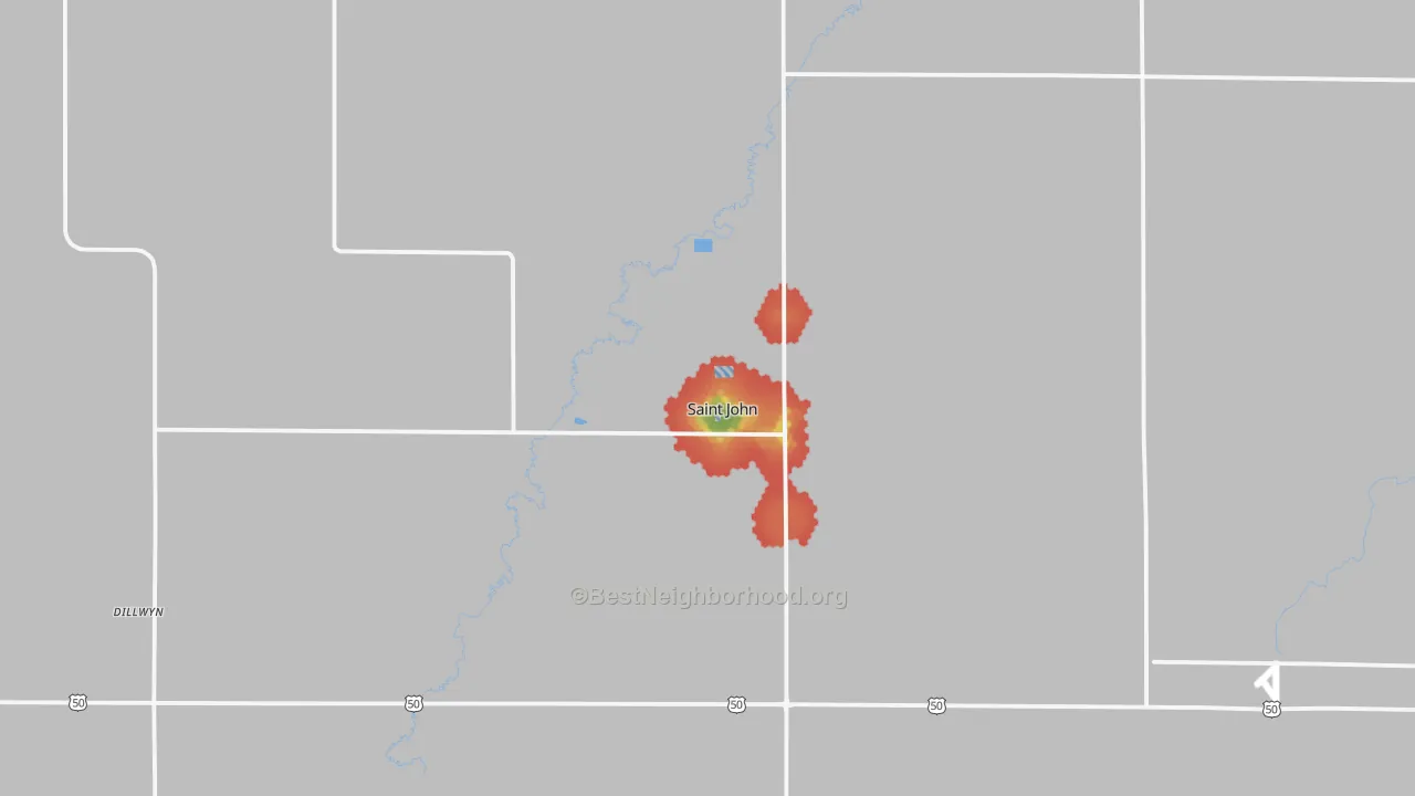 Walk Grade map of St. John, KS, walkable areas in green and car-dependent areas in red