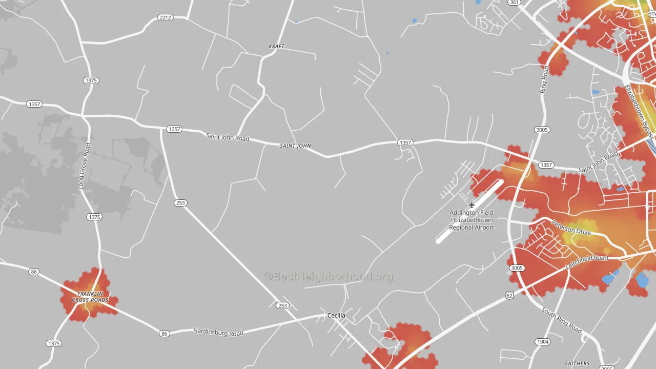 Walk Grade map of St. John, KY, walkable areas in green and car-dependent areas in red