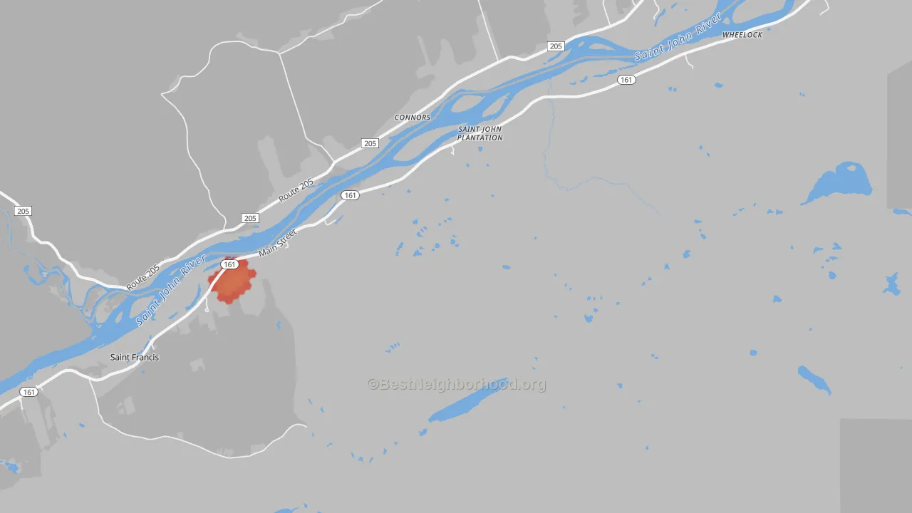 Walk Grade map of St. John, ME, walkable areas in green and car-dependent areas in red