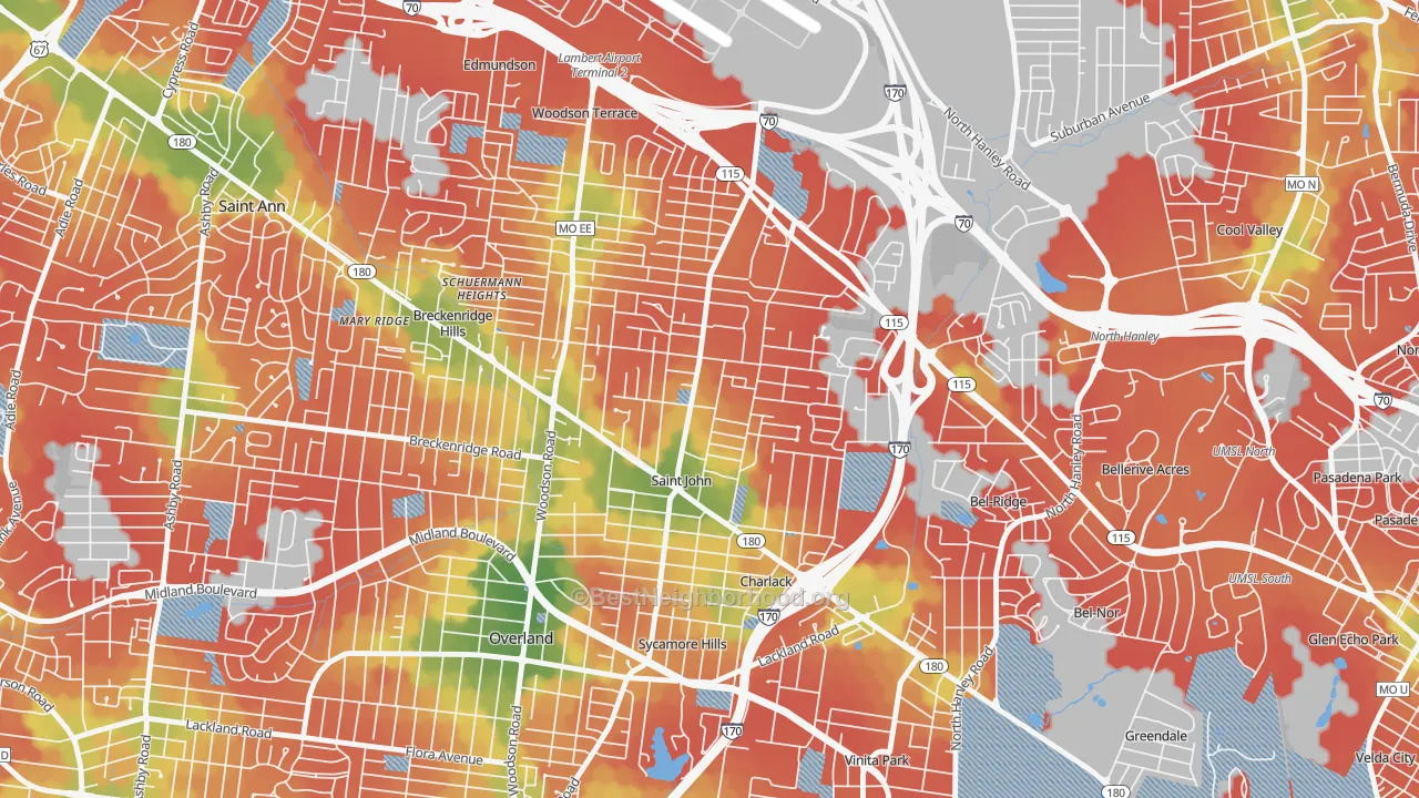 Walk Grade map of St. John, MO, walkable areas in green and car-dependent areas in red