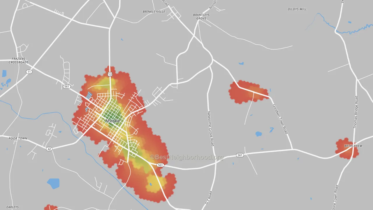 Walk Grade map of St. John, NC, walkable areas in green and car-dependent areas in red