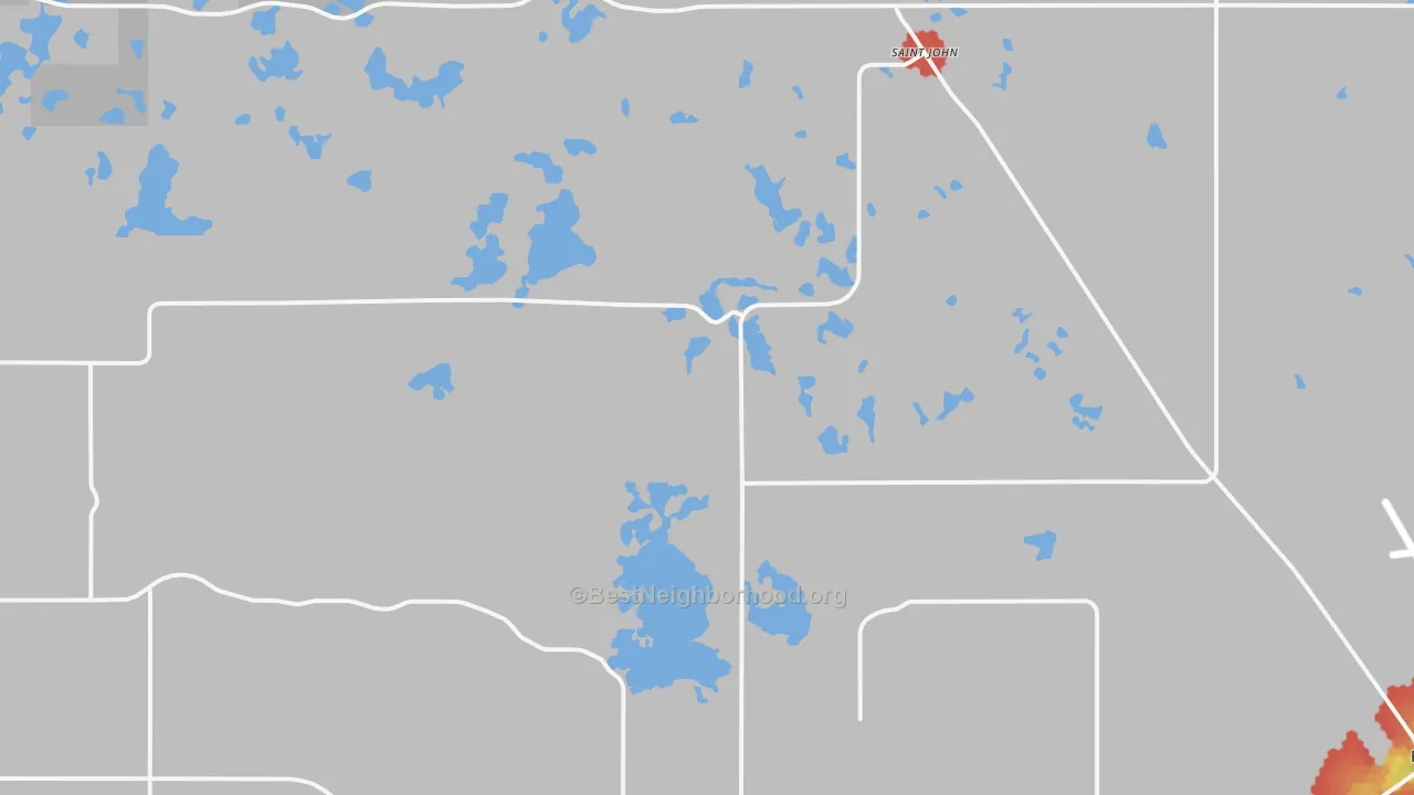 Walk Grade map of St. John, ND, walkable areas in green and car-dependent areas in red