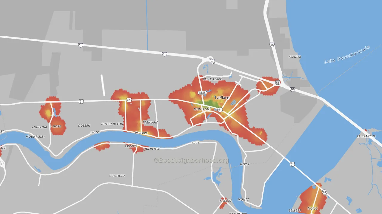 Walk Grade map of St. John the Baptist Parish, LA, walkable areas in green and car-dependent areas in red