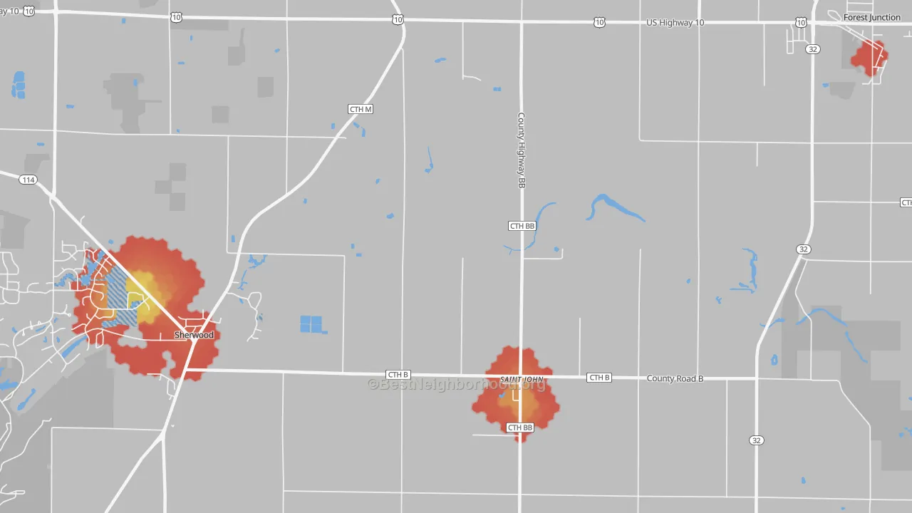 Walk Grade map of St. John, WI, walkable areas in green and car-dependent areas in red