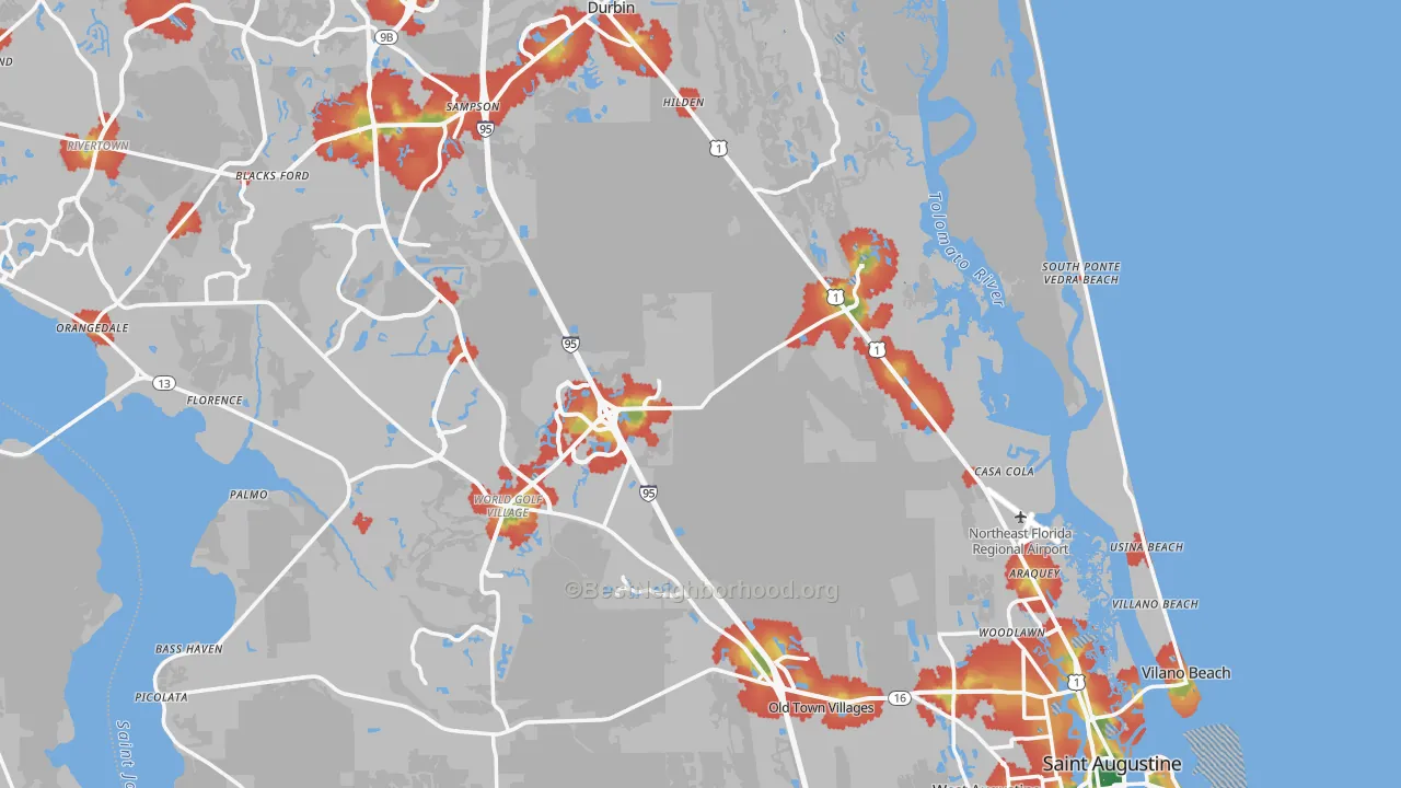 Walk Grade map of St. Johns County, FL, walkable areas in green and car-dependent areas in red