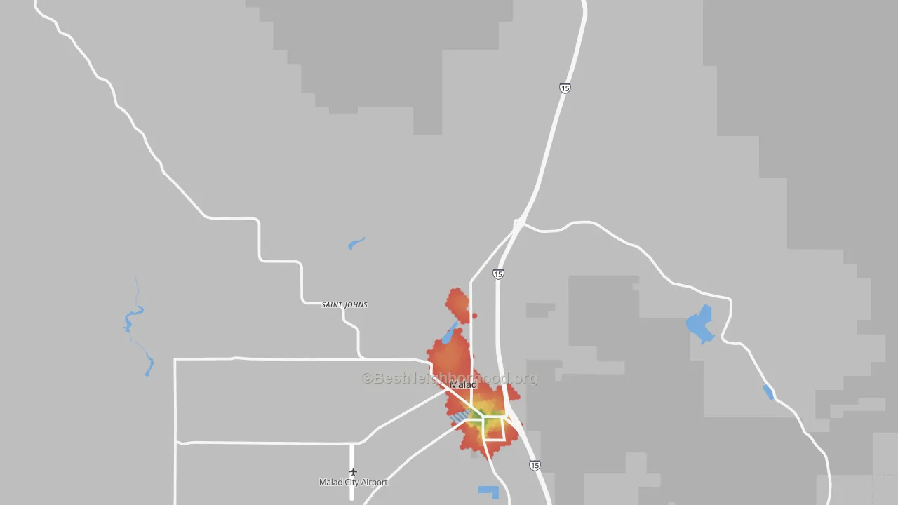 Walk Grade map of St. Johns, ID, walkable areas in green and car-dependent areas in red