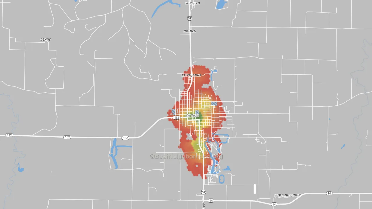 Walk Grade map of St. Johns, IL, walkable areas in green and car-dependent areas in red