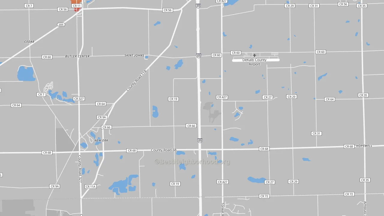 Walk Grade map of St. Johns, IN, walkable areas in green and car-dependent areas in red