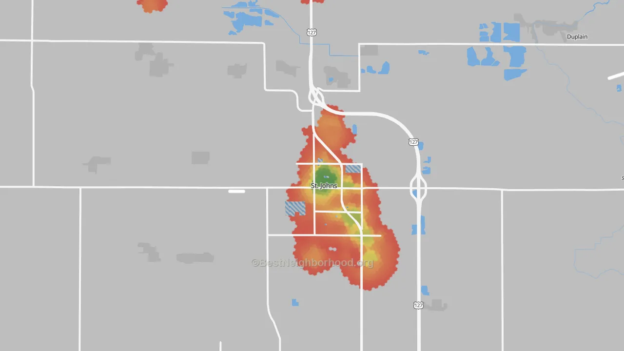 Walk Grade map of St. Johns, MI, walkable areas in green and car-dependent areas in red