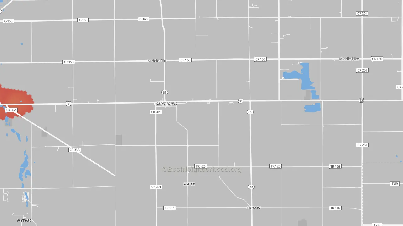 Walk Grade map of St. Johns, OH, walkable areas in green and car-dependent areas in red