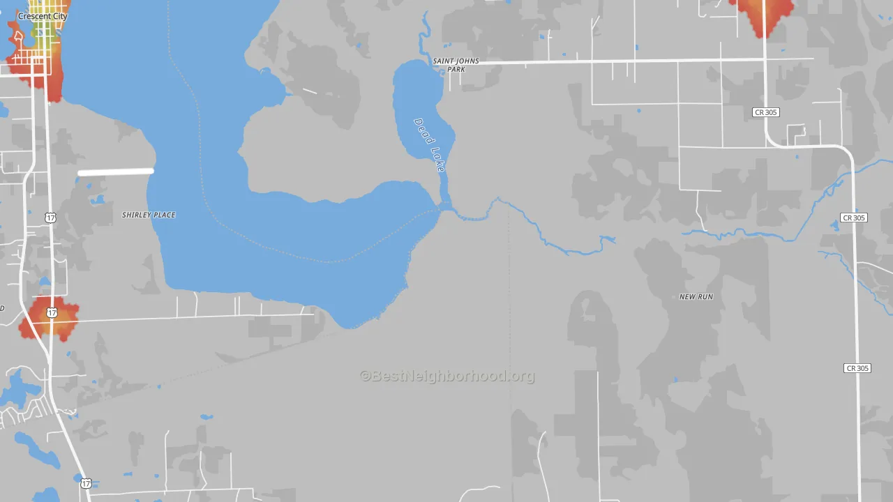 Walk Grade map of St. Johns Park, FL, walkable areas in green and car-dependent areas in red