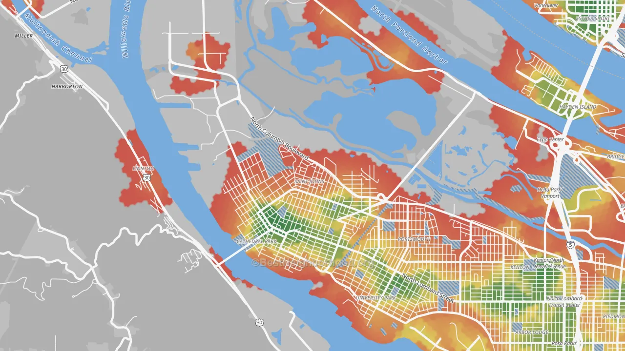 Walk Grade map of St. Johns, Portland, OR, walkable areas in green and car-dependent areas in red