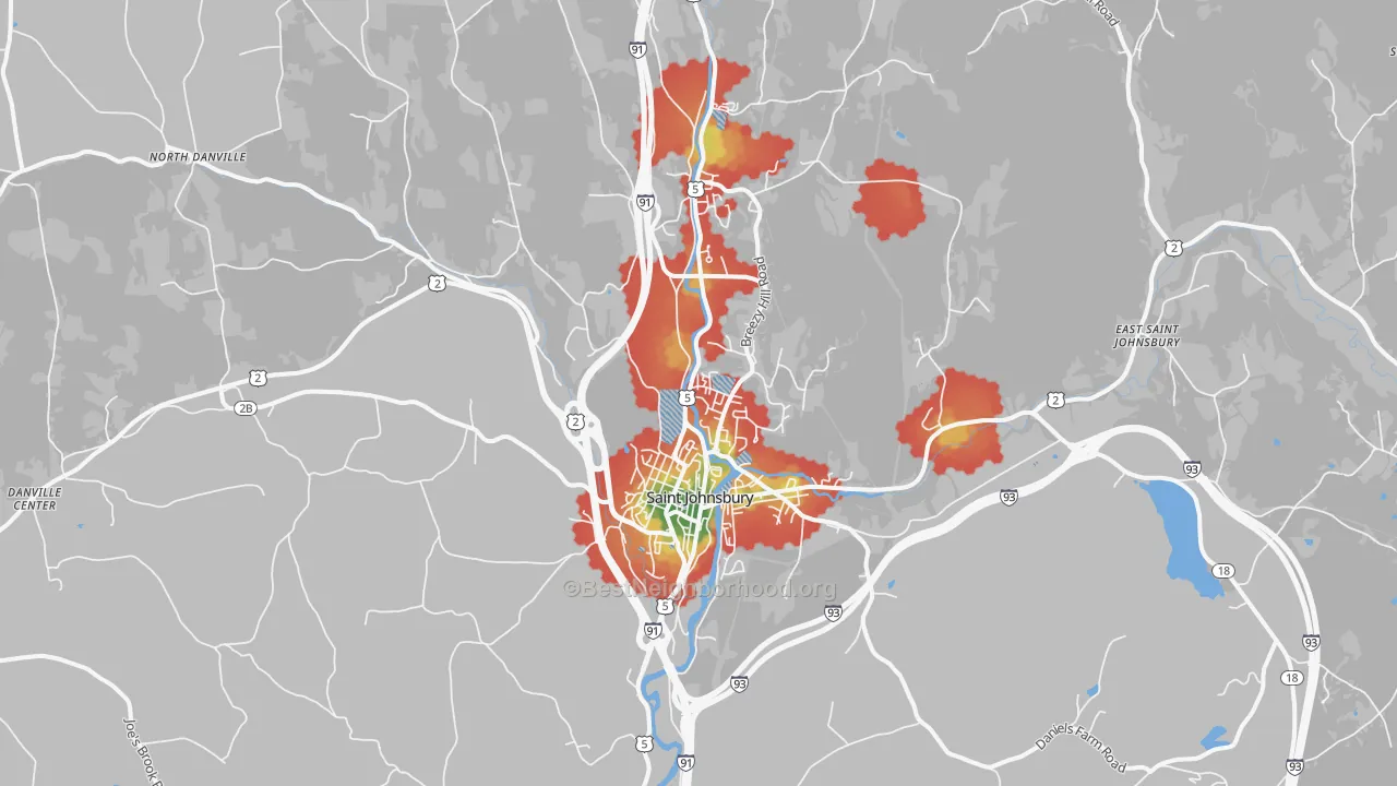 Walk Grade map of St. Johnsbury, VT, walkable areas in green and car-dependent areas in red