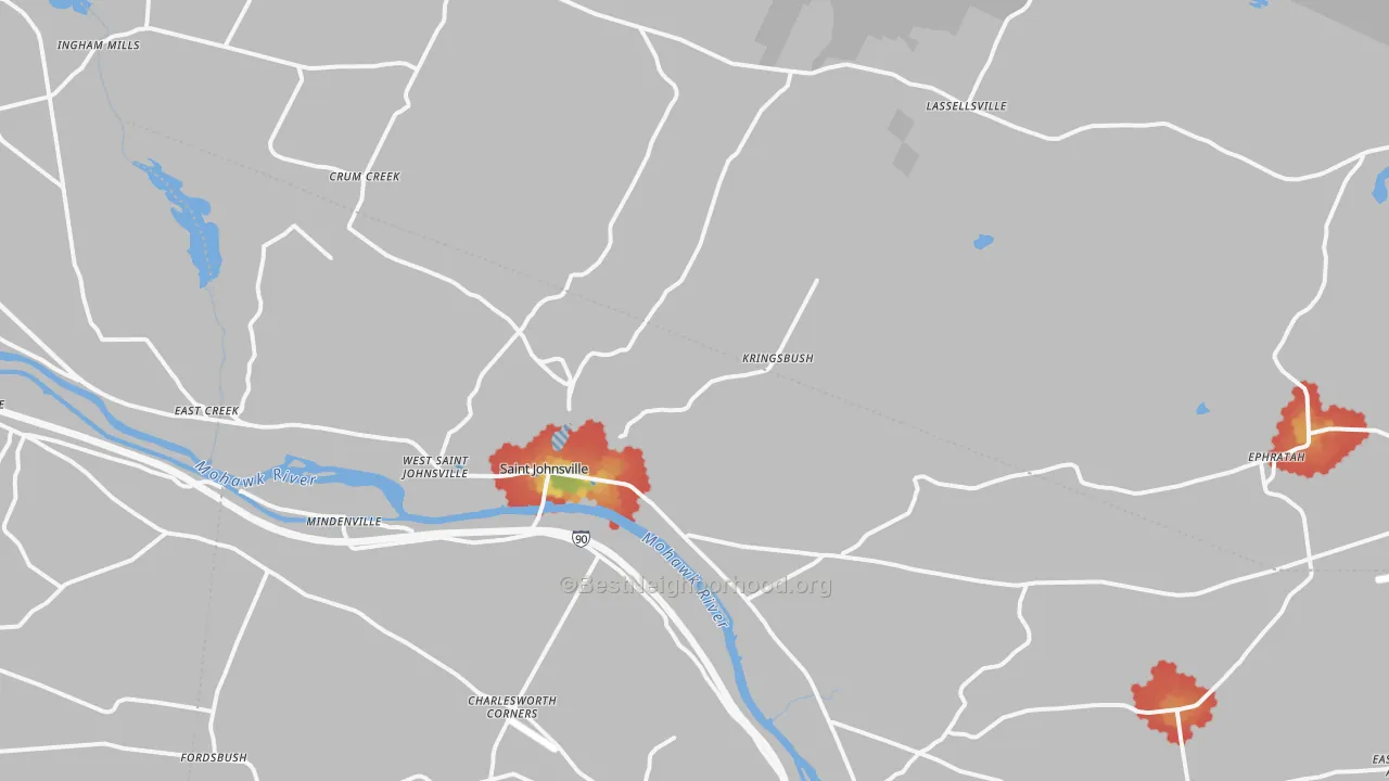 Walk Grade map of St. Johnsville, NY, walkable areas in green and car-dependent areas in red