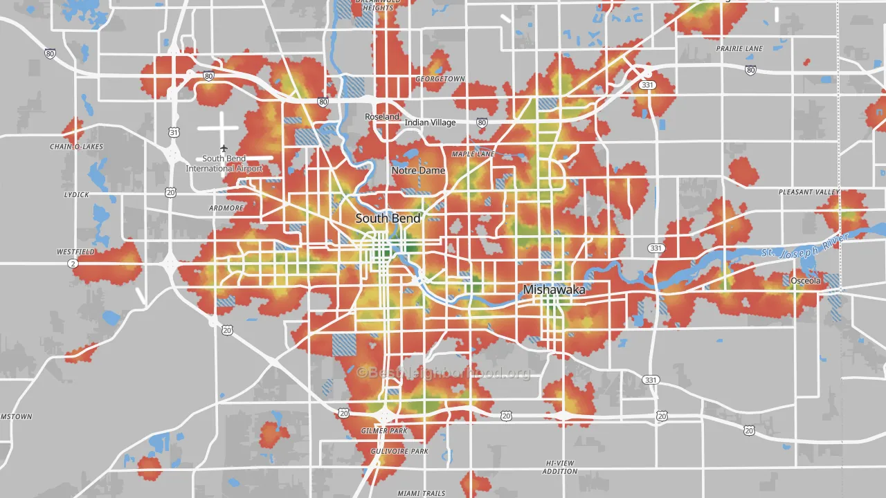 Walk Grade map of St. Joseph County, IN, walkable areas in green and car-dependent areas in red